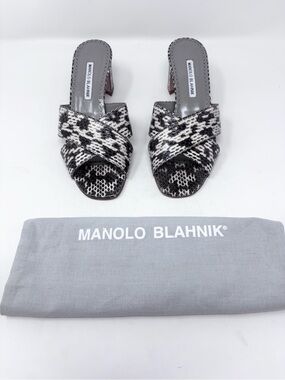 Manolo Blahnik Otawi Snakeskin Leather Crisscross Mule Sandal Black Cream 39.5